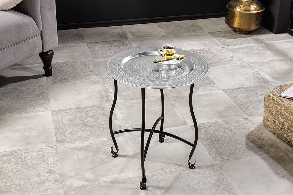 Runder Beistelltisch MARRAKESCH 50cm silber Teetisch abnehmbares Tablett klappbar