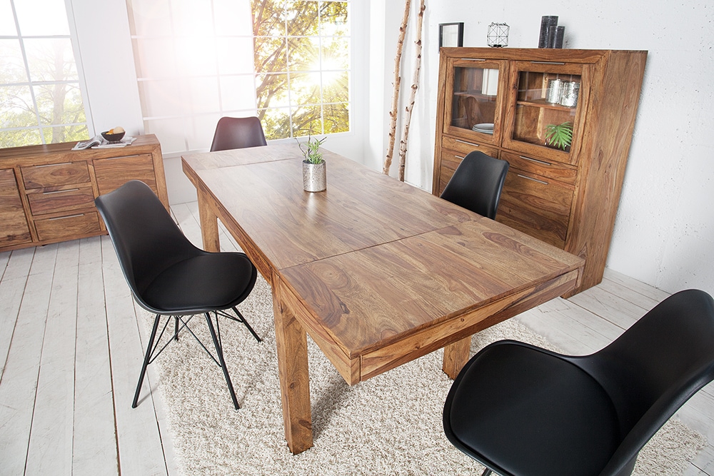 Massiver Holz Esstisch PURE 120-200cm braun Sheesham stone finish mit Ansteckplatten