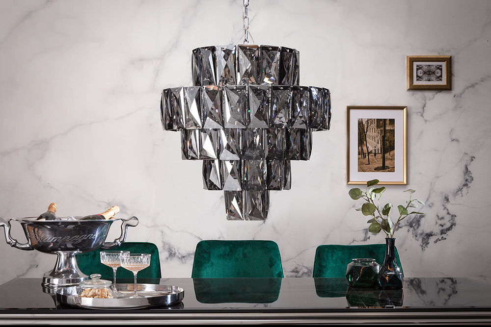 Extravaganter Kronleuchter KRISTALL 50cm edel-grau mit Glasprismen