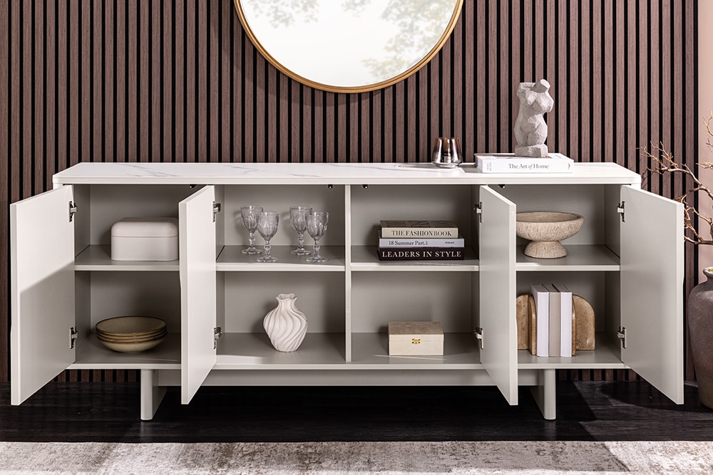 Design Sideboard SAVOY 180cm kaschmir weiß Marmor Keramik mit Stauraum und 3D-Front
