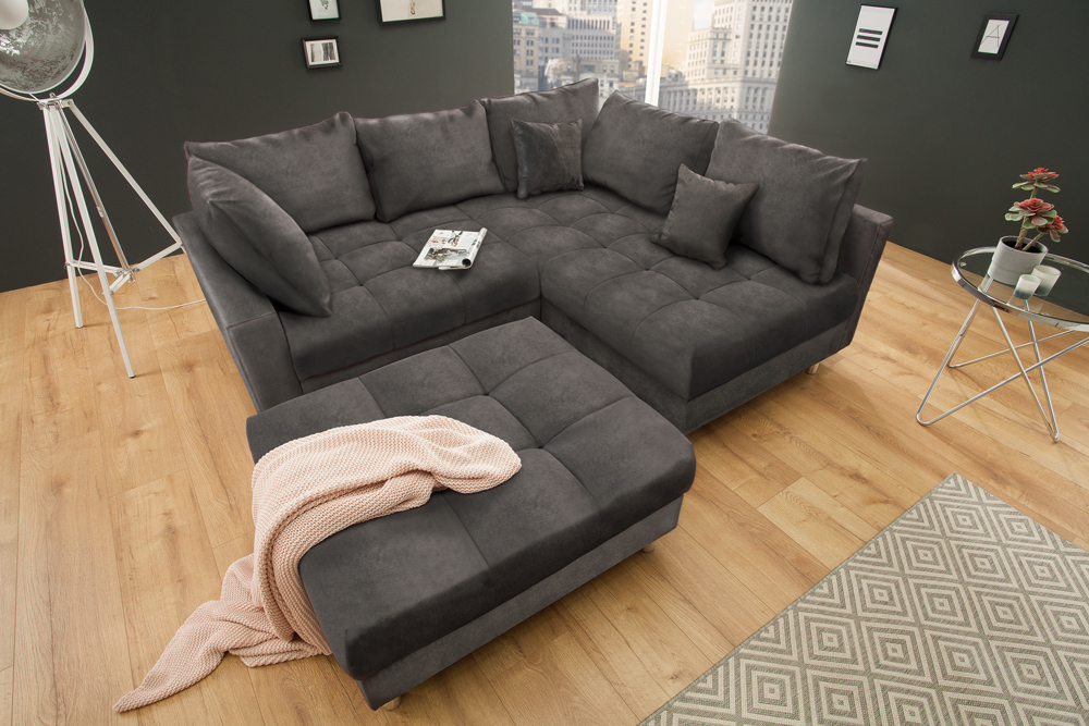 Moderne Wohnlandschaft KENT 220cm grau Samt Ecksofa Federkern inkl. Hocker und Kissen