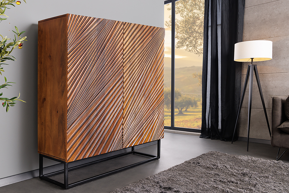 Massives Highboard ART 120cm braun Mangoholz 3D-Design schwarz Metall Massives Highboard ART 120cm braun Mangoholz 3D-Design schwarz Metall