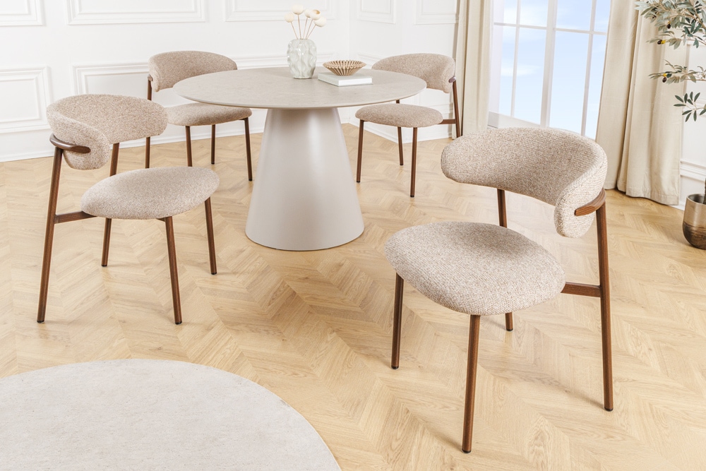 Design Stuhl BELFORT taupe beige Strukturstoff Metallgestell Walnuss