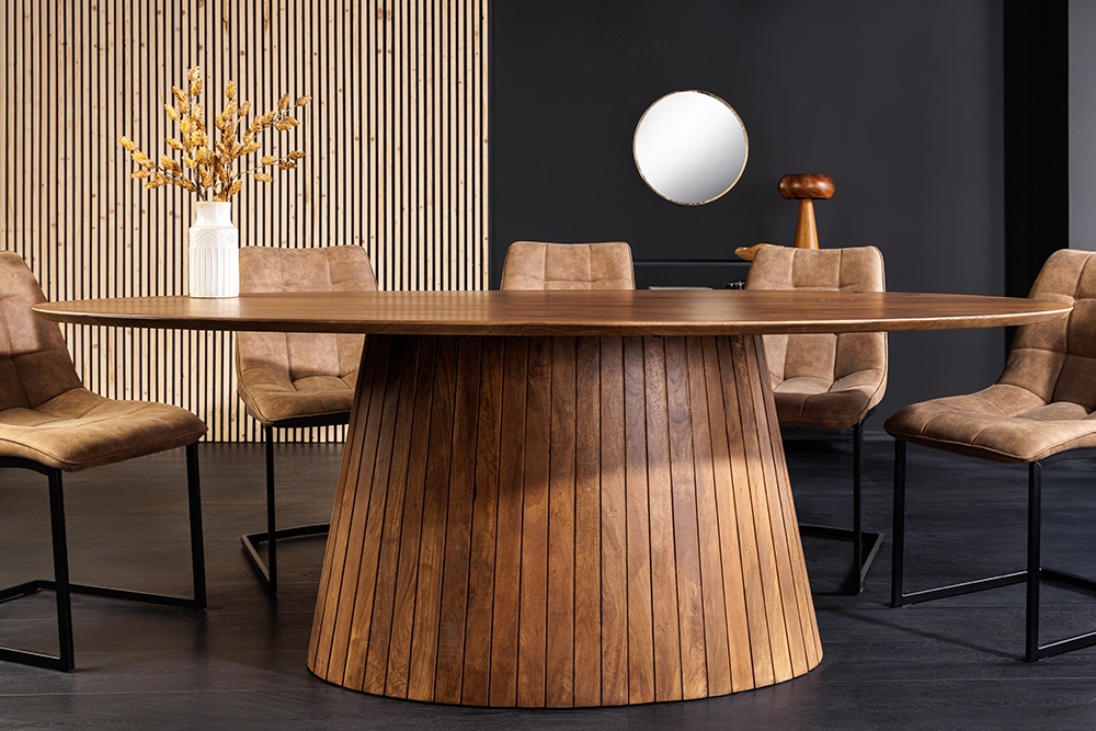 Ovaler Esstisch ART DECO 220cm braun smoked massives Mangoholz mit Säulenfuß