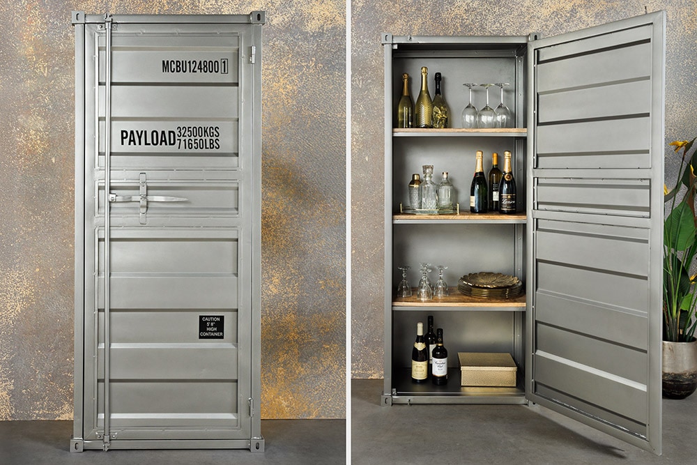 Design Aktenschrank GLOBETROTTER 180cm grau Eisen Container Upcycling Highboard