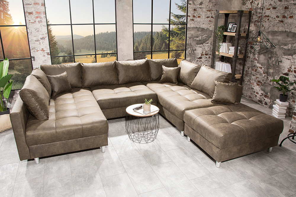 Moderne XXL Wohnlandschaft KENT 305cm taupe Federkern Bigsofa inkl. Hocker