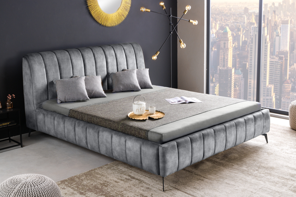 Retro Bett AMSTERDAM 160x200cm grau Samt schwarz Metall Polsterbett
