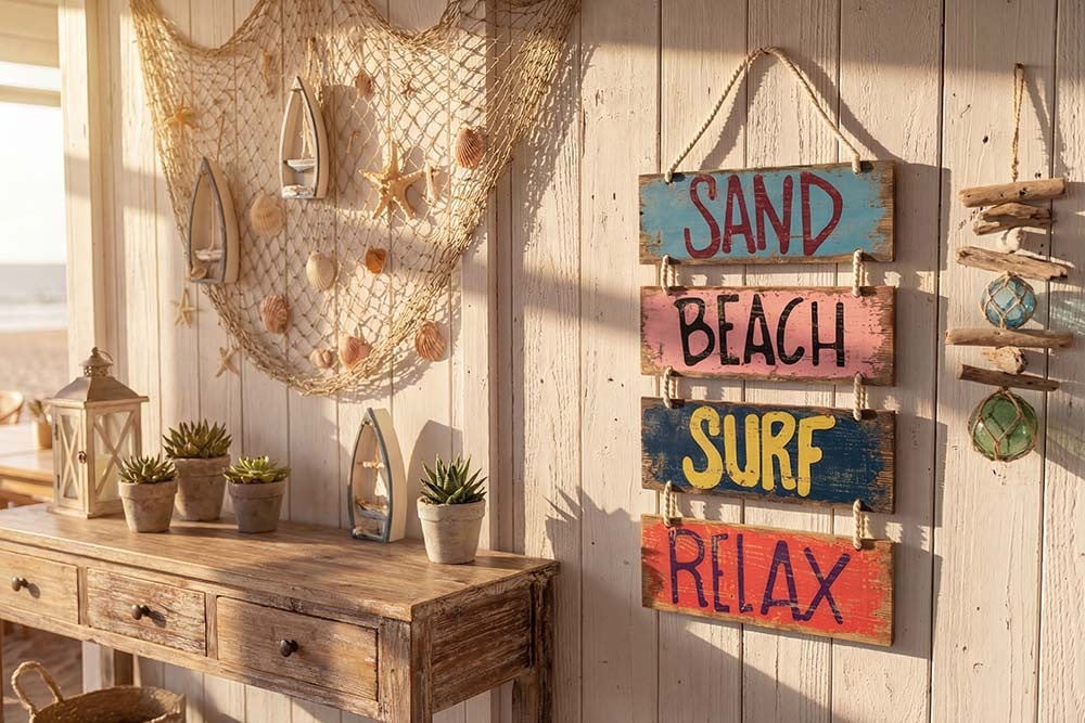 Maritimes Wandschild SURF & BEACH 110cm buntes Holzdesign Deko-Schild