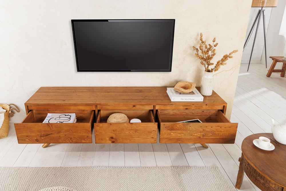 Massives TV-Board FINCA 180cm vintage braun recyceltes Pinienholz mit Schubladen