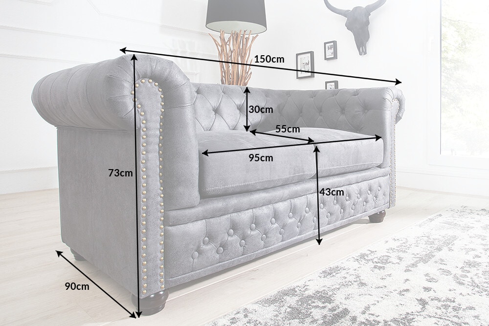 Chesterfield 2-Sitzer Sofa 150cm antik grau Microfaser Federkern Knopfheftung