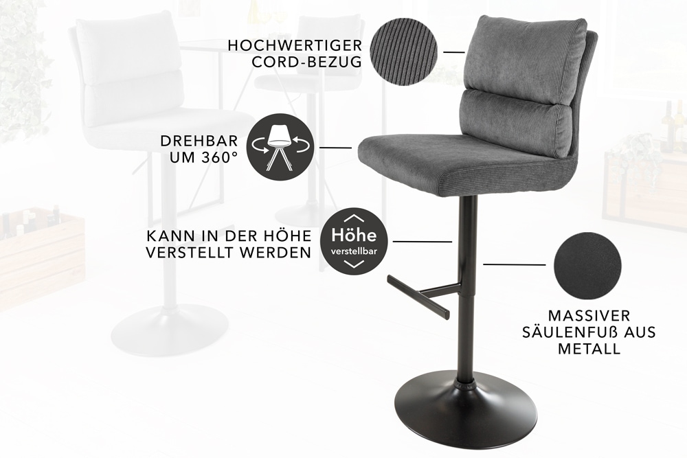 Höhenverstellbarer Barhocker COMFORT grau Cord drehbar mit Lehne Metall schwarz