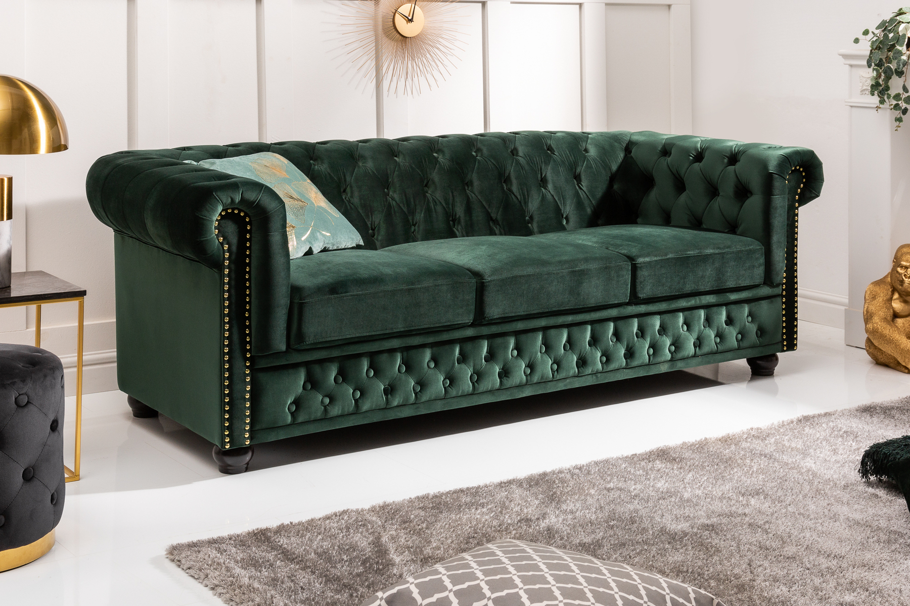 Chesterfield 3-Sitzer Sofa 205cm flaschengrün Samt Federkern Knopfheftung