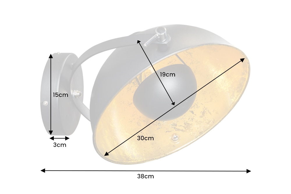 Design Wandleuchte STUDIO 38cm schwarz Blattgold-Optik neigbarer Schirm