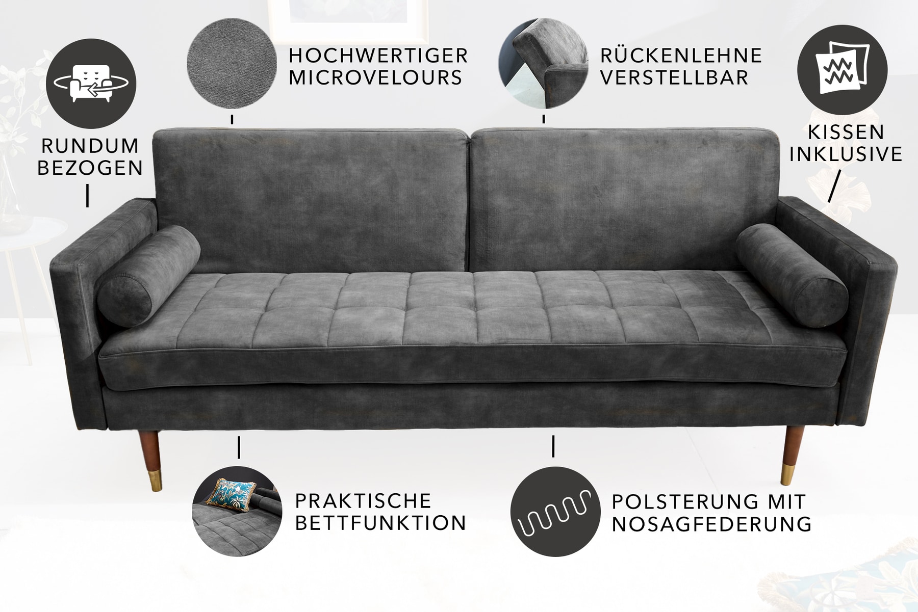 Modernes Schlafsofa COUTURE 200cm grau Microvelours 3-Sitzer Couch mit Schlaffunktion
