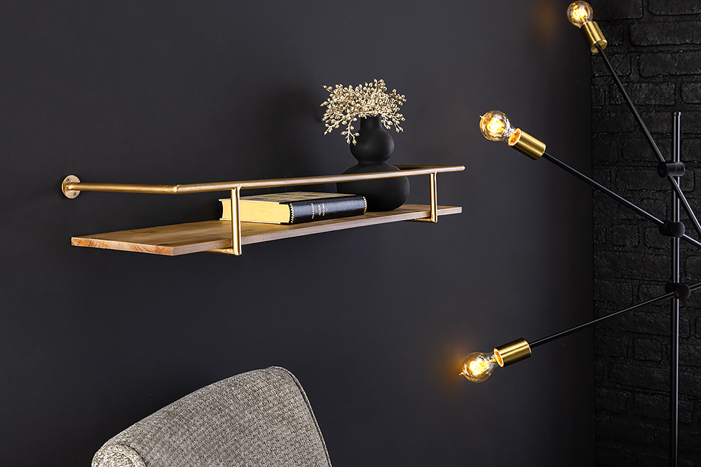 Massives Wandregal HERITAGE 75cm natur Pinienholz gold Metall