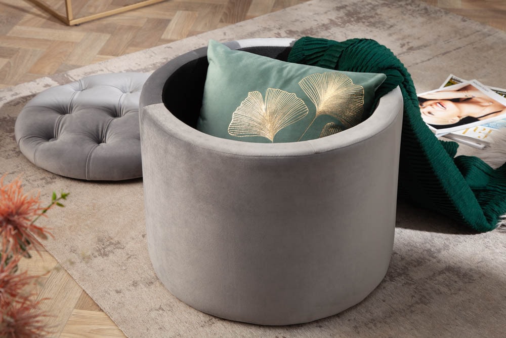 Eleganter Hocker MODERN BAROCK 50cm silbergrau Samt Aufbewahrungkorb
