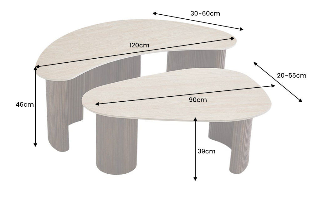 2er Set Couchtische OSAKA 120cm champagner greige Travertin Keramik Walnuss