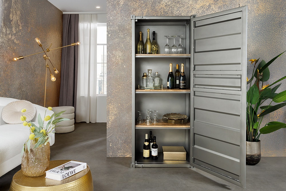 Design Aktenschrank GLOBETROTTER 180cm grau Eisen Container Upcycling Highboard