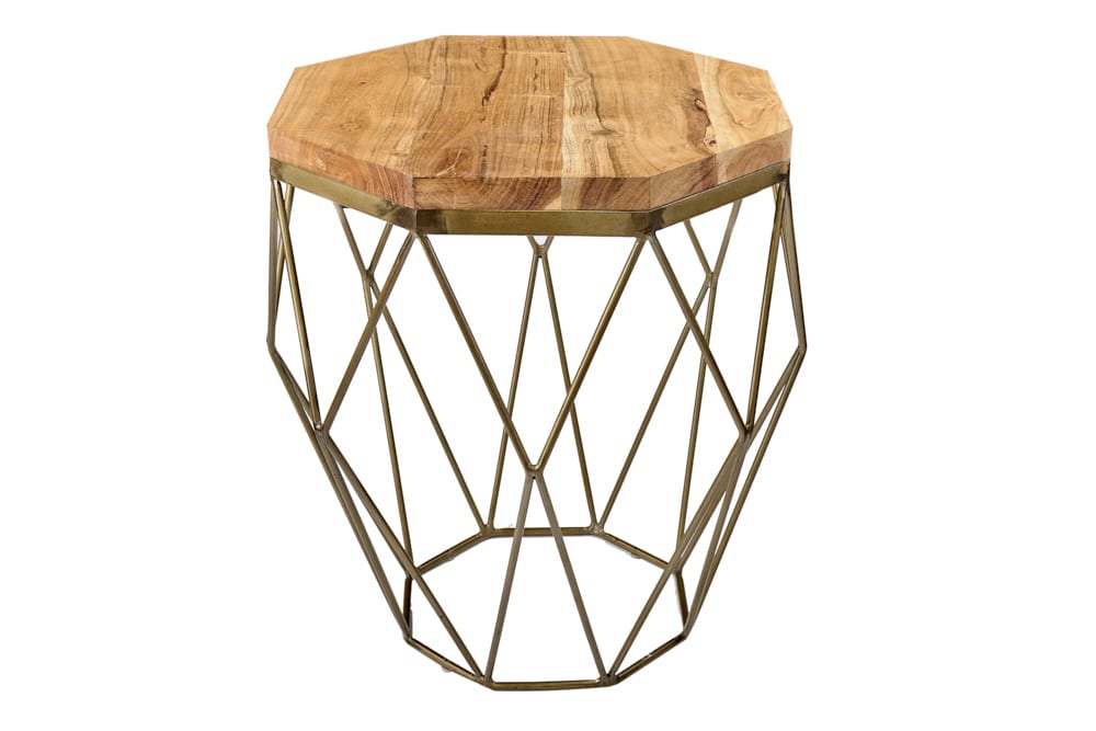Abstrakter Beistelltisch DIAMOND 50cm natur Akazie Massivholz messing Metallgestell