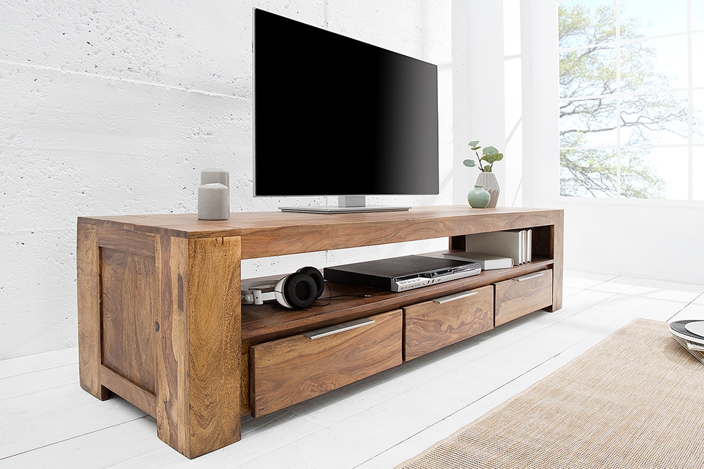 Massives TV-Board MAKASSAR 170cm braun Sheesham stone finish Lowboard drei Schubladen