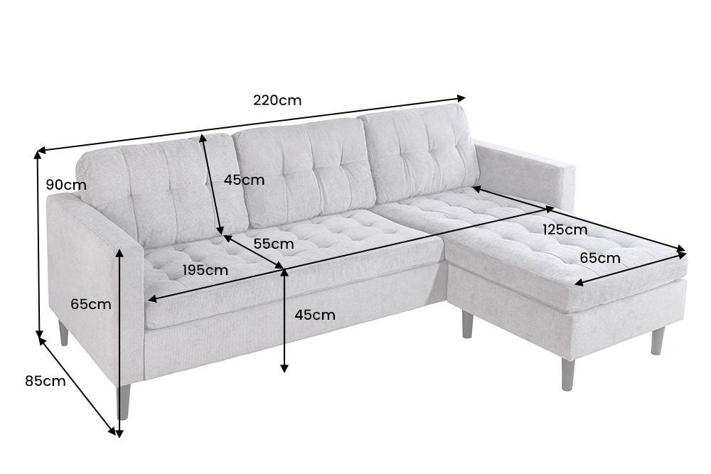 Modernes Ecksofa STOCKHOLM 220cm grau Cordstoff Federkern 3-Sitzer-Sofa