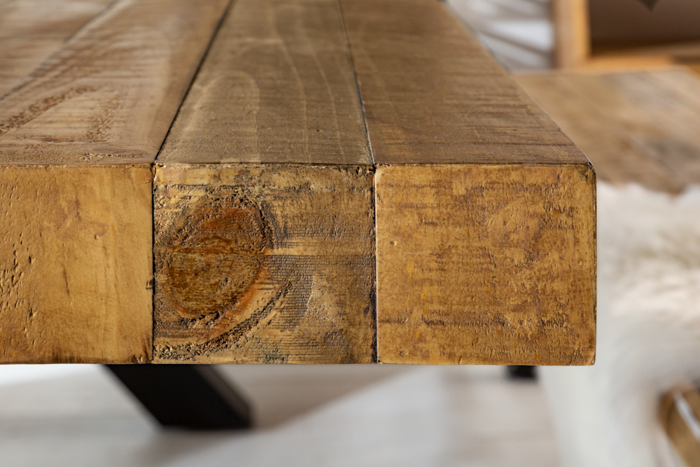 Massivholz Esstisch THOR 200cm vintage braun Pinie recycelt Industrial Design Eisen X-Gestell