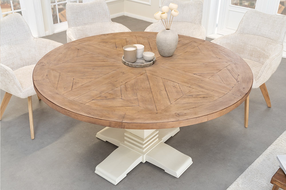Runder Esstisch HAMPTONS 120cm hellbraun creme recycelte Pinie Massivholz