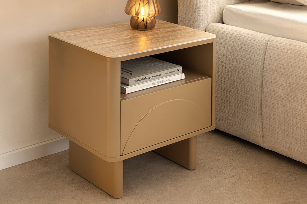 Design Nachttisch SAVOY 50cm grau beige greige Keramik Travertin Beistelltisch
