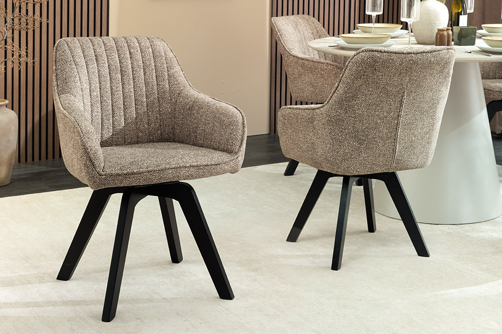 Design Stuhl LIVORNO taupe Strukturstoff schwarz Massivholz drehbar Auto-Return-Funktion