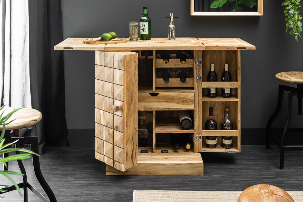 Handgearbeiteter Barschrank MOSAICO 130cm Akazie Massivholz 3D Effekt
