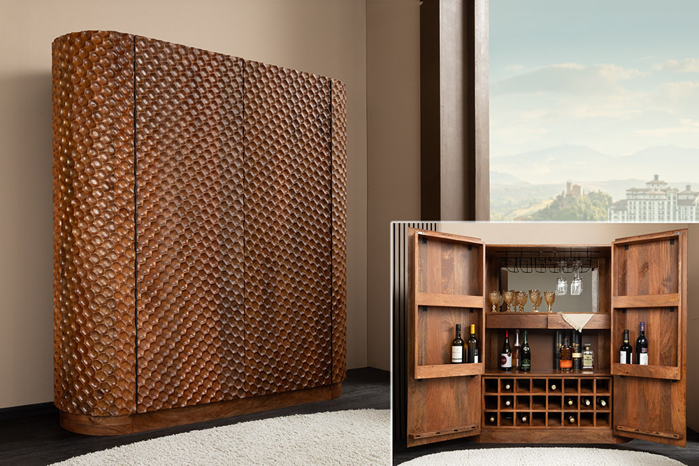 Massiver Barschrank ADLON 140cm braun Mangoholz mit 3D-Front und Weinregal » Jetzt kaufen