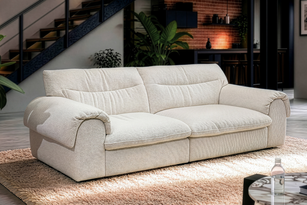 3-Sitzer Sofa SIXTH SENSE 210cm beige Bouclé-Strickstoff mit Nosagfederung und Daunenfedern