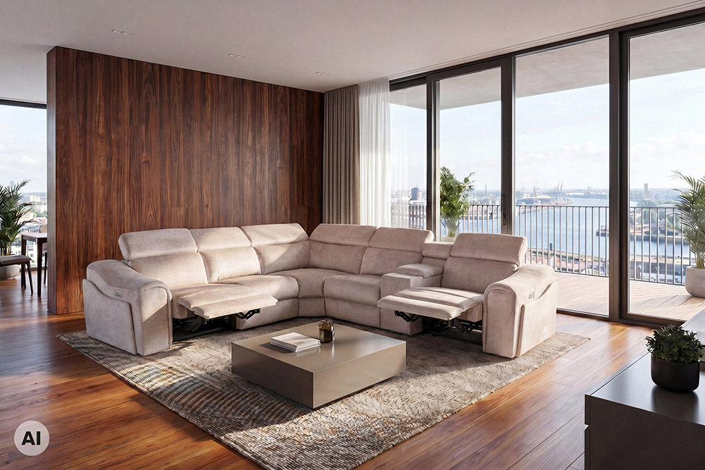 Multifunktionales Ecksofa PRIME 300cm beige Vogue Seiden Samtstoff Relaxfunktion