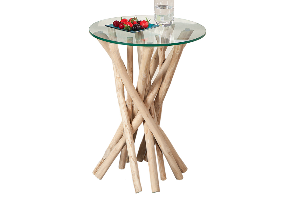 Design Beistelltisch DRIFTWOOD 40cm Teakholz mit Glasplatte rund Couchtisch