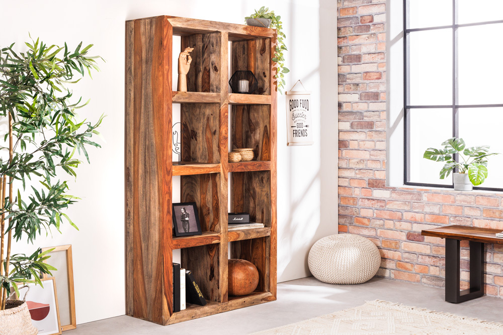 Massives Regal MAKASSAR 180cm Sheesham Holz smoke finish 8 Fächer handmade