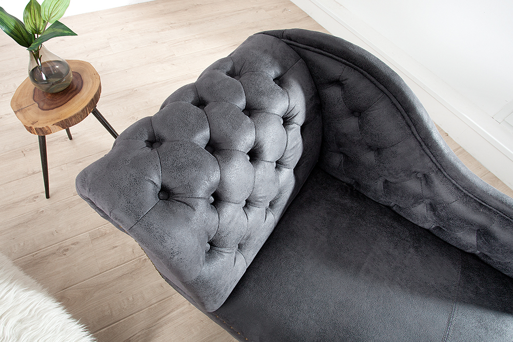 Chesterfield Récamière 170cm antik grau mit Knopfheftung und Nietenbesatz
