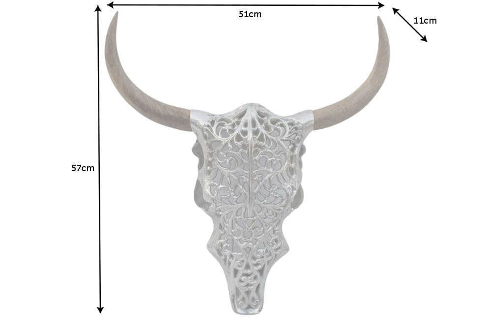 Extravagante Wanddekoration EXOTIC BULL 60cm silber Mangoholz Stierkopf