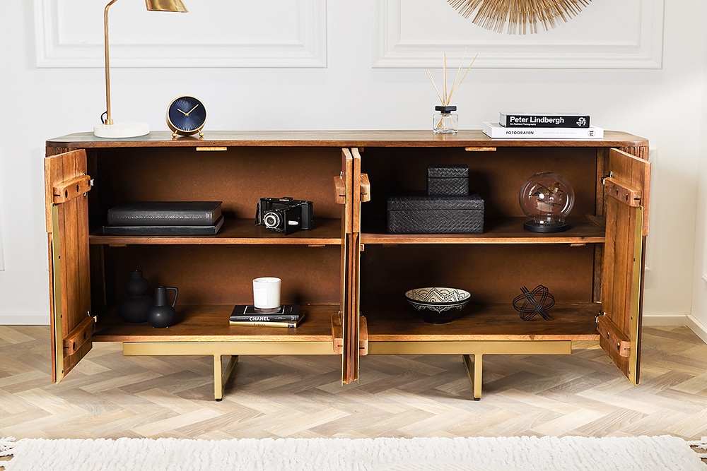 Design Sideboard GATSBY 160cm braun mattgold Mangoholz Retro