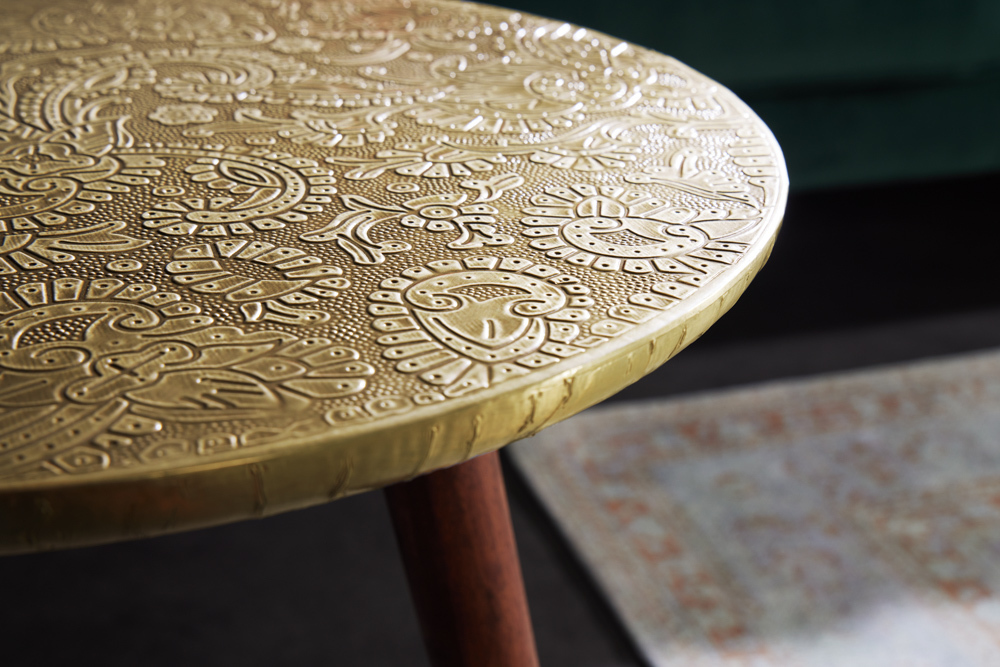 Design Beistelltisch ALCAZAR 50cm antik gold Metall Mangoholz Handarbeit rund