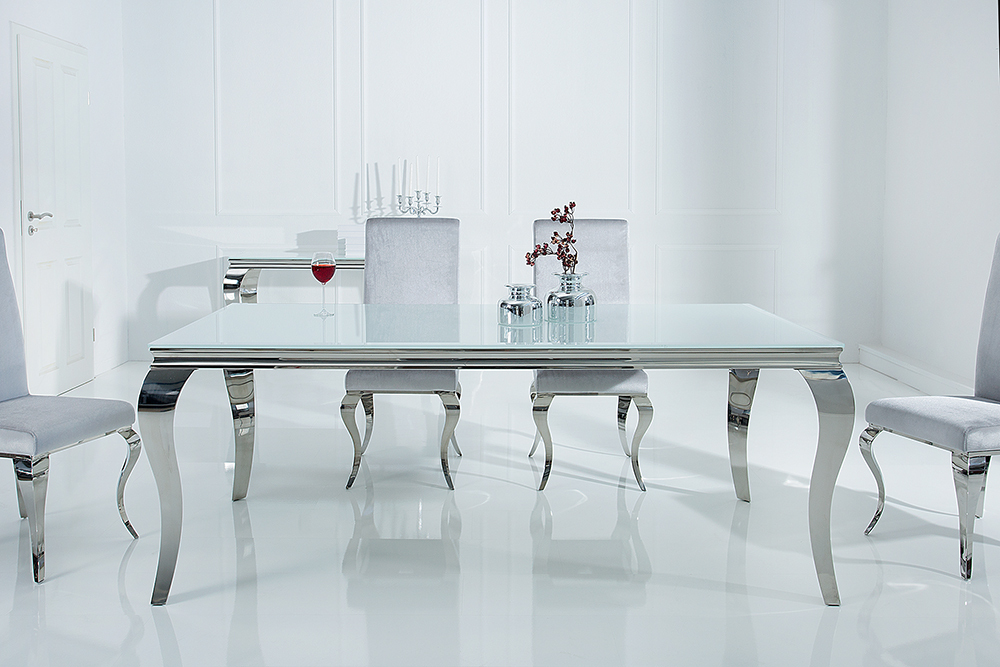 Eleganter Design Esstisch MODERN BAROCK 180cm weiß Opalglas Tischplatte Edelstahl