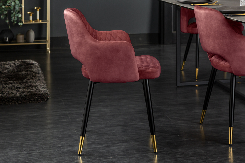 Eleganter Stuhl PARIS bordeaux Vogue Seidenstoff Samt goldene Fußkappen und Armlehnen