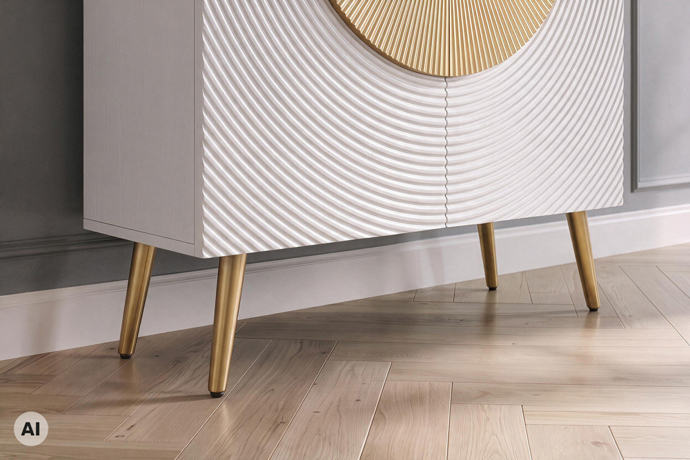 Massives Highboard AURUM 120cm weiß mit ikonischem Gold-Element