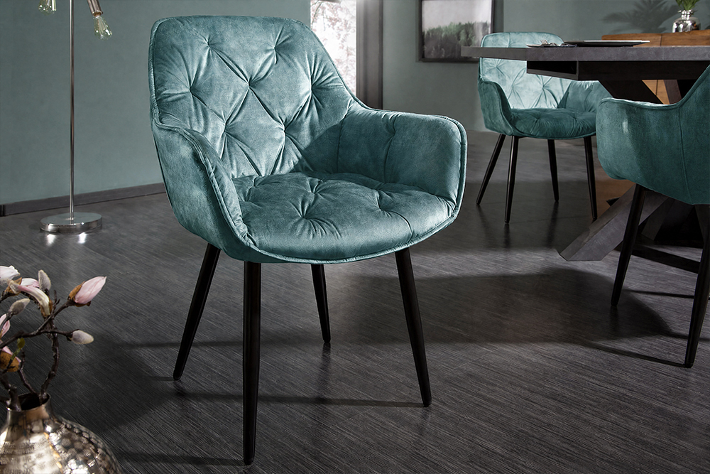 Design Stuhl MILANO petrol Samt mit Armlehne Ziersteppung gepolstert schwarze Metallbeine