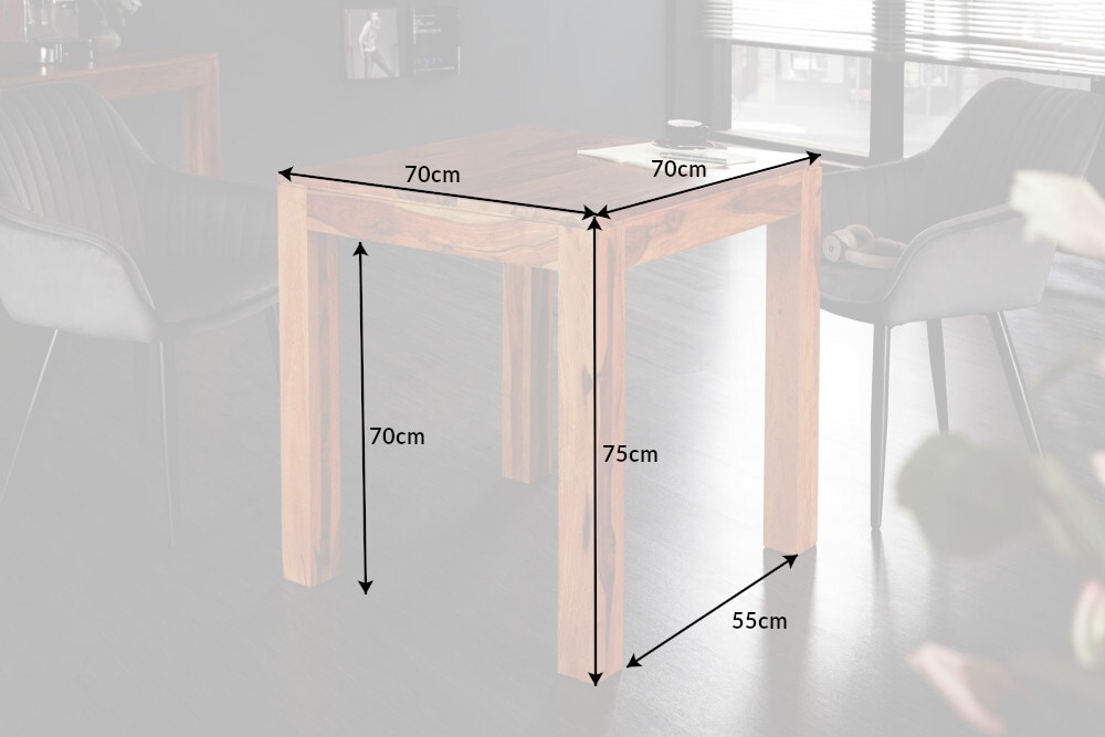 Massivholz Esstisch PURE 70cm braun Sheesham stone finish Bistrotisch quadratisch