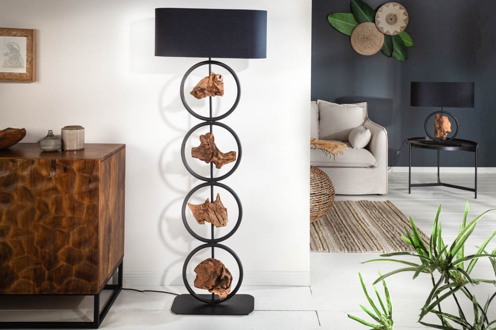 Design Stehlampe ELEMENTS 147cm schwarz Baumwollschirm Fuß mit Massivholz