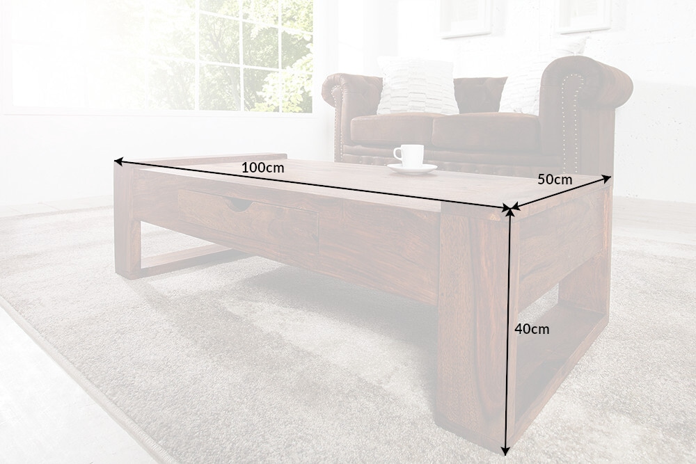 Massivholz Couchtisch MARKANT 100cm braun Sheesham stone finish Schublade Stauraum