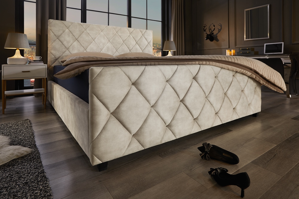Design Boxbett ELYSIUM 180x200cm champagner beige Samt mit Stauraum und Lattenrost