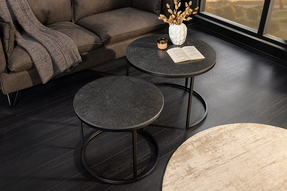 Rundes 2er Set Couchtische ELEGANCE 75cm anthrazit Keramik schwarz Metall
