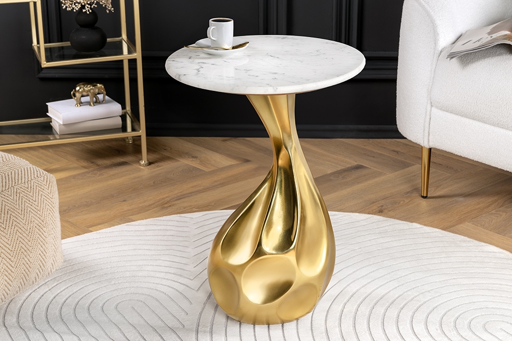 Runder Beistelltisch TEAR 60cm gold weiß mit Marmor-Tischplatte handmade » Jetzt kaufen