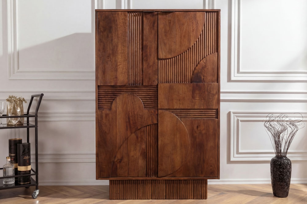 Massiver Barschrank ART DECO 140cm braun Mangoholz 3D-Front Highboard Flaschenregal